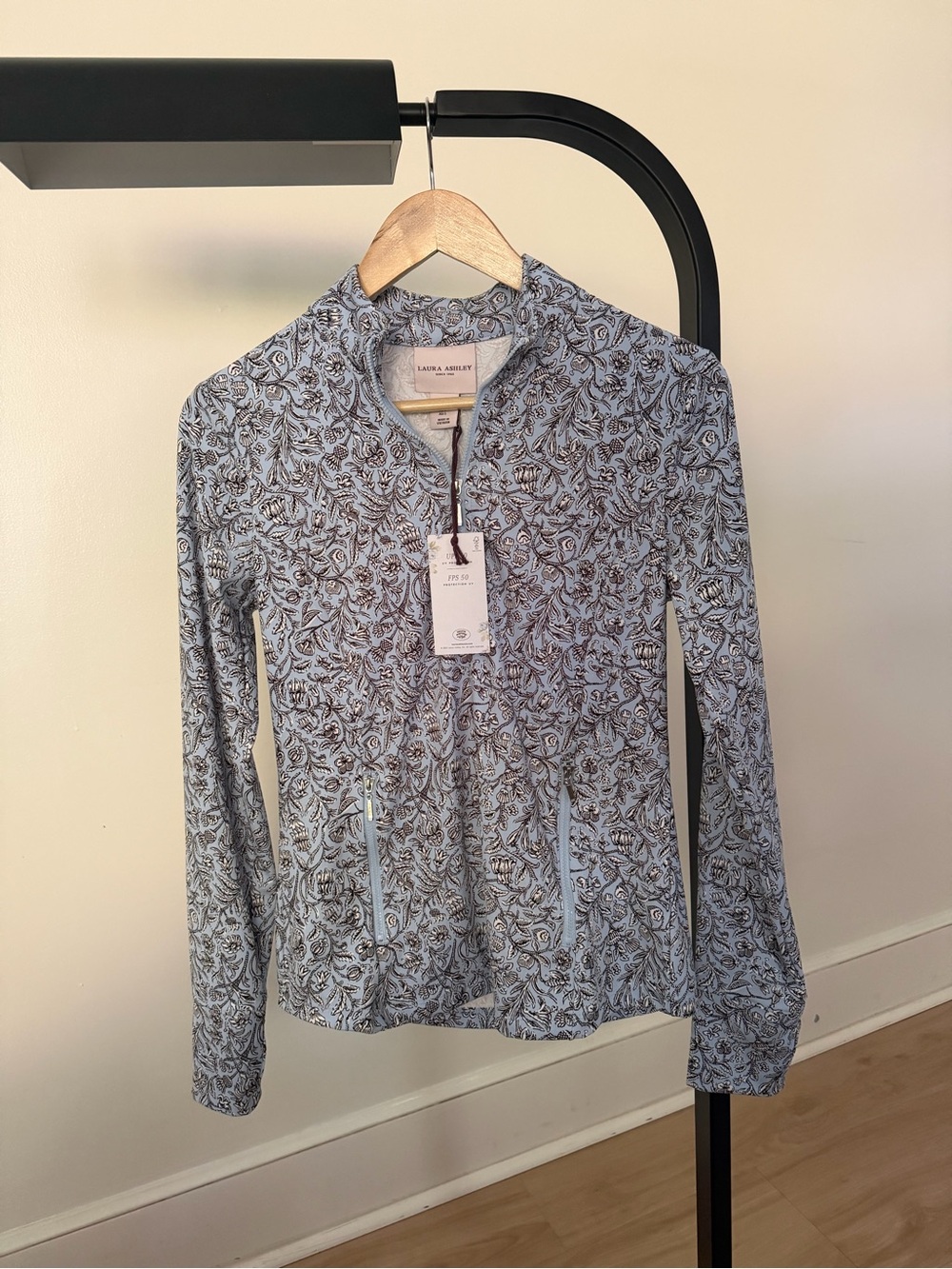 Laura Ashley Light Blue Floral Zip Jacket NWT SMALL S LS QUARTER ZIP